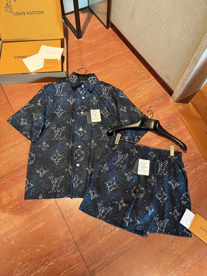 NIGO Louis Vuitton Men's Summer Logo Print Single Breasted Silk Short Sleeved Shirt And Casual Drawstring Shorts Suit Set #nigo76997