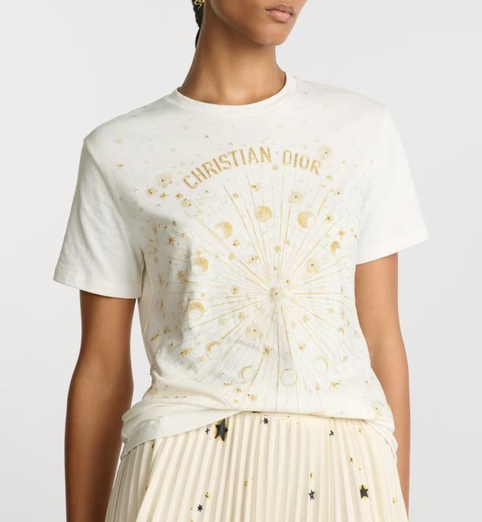 NIGO Dior Women's Summer Gold Thread Embroidery Printed Solid Color Round Neck Cotton Short Sleeve T-Shirt #nigo77141