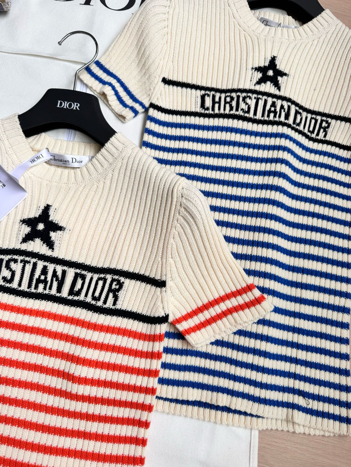 NIGO DIOR Women's Summer Striped Appliquéd Letters Knit Round Neck Short Sleeve T-shirt #nigo77133