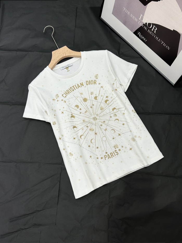NIGO Dior Women's Summer Gold Thread Embroidery Printed Solid Color Round Neck Cotton Short Sleeve T-Shirt #nigo77141