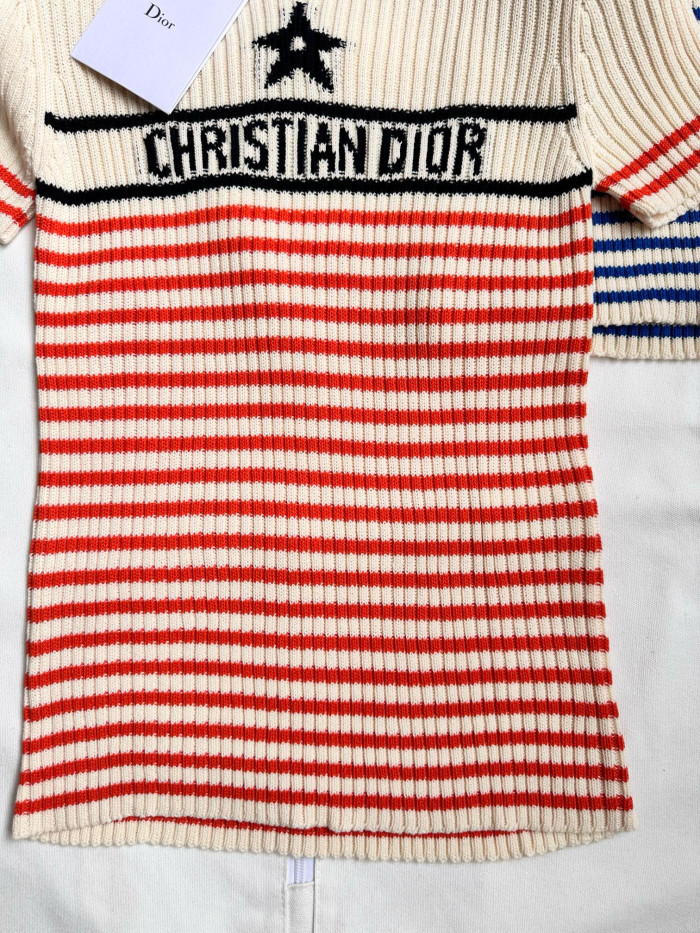 NIGO DIOR Women's Summer Striped Appliquéd Letters Knit Round Neck Short Sleeve T-shirt #nigo77133
