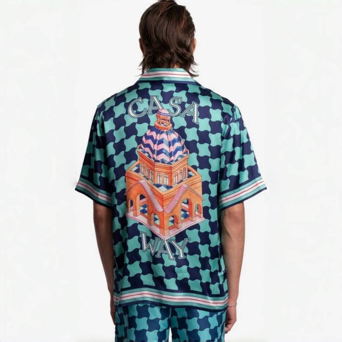 NIGO Casablanca Men's Summer Geometric Pattern Printed Single-Breasted Short-Sleeved Shirt and Casual Drawstring Shorts Set #nigo77127