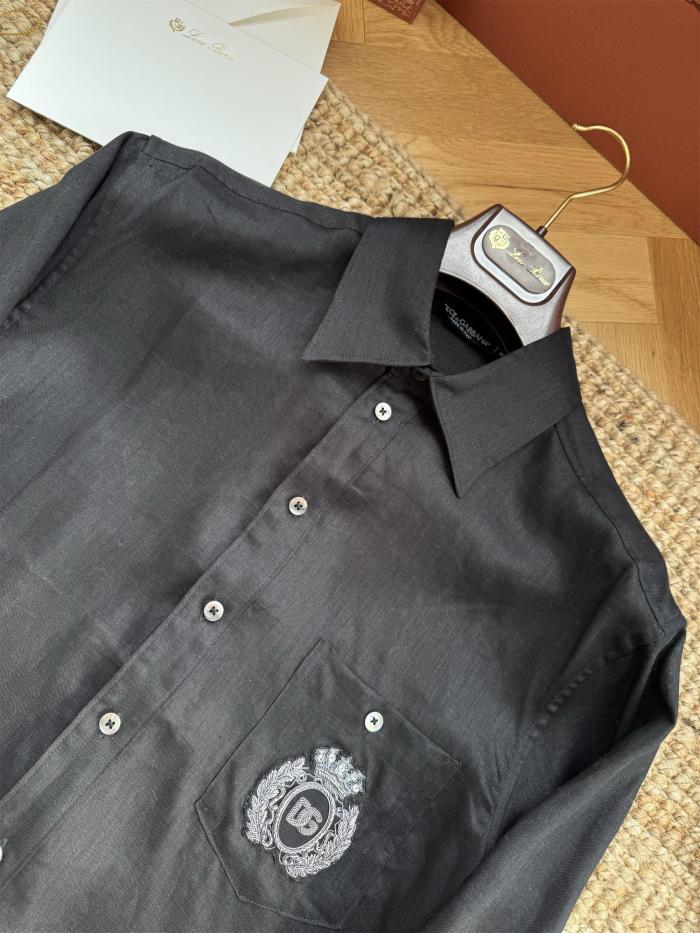 NIGO Dolce & Gabbana Men's Spring/Summer Solid Colour Embroidered Pattern Printed Single-Breasted Linen Fabric Long-Sleeved Shirt #nigo77135