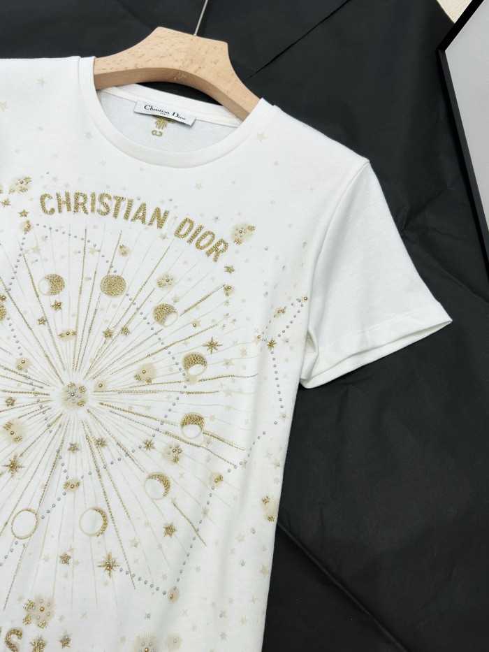 NIGO Dior Women's Summer Gold Thread Embroidery Printed Solid Color Round Neck Cotton Short Sleeve T-Shirt #nigo77141