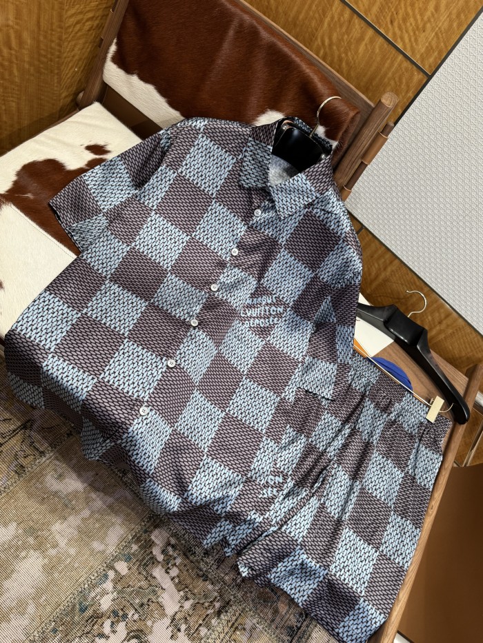NIGO Louis Vuitton Men's Summer Solid Color Checkered Print Single-Breasted Short-Sleeved Shirt and Casual Shorts Set Suit #nigo77177