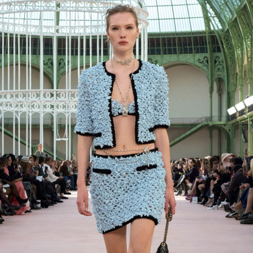 NIGO Chanel Women's Spring And Summer Luxury Silk Blue Jacket Temperament Elegant Fashion Round Neck Single-breasted Shirt T-shirt Bustier Skirt Suit Set Ngvp #nigo1716