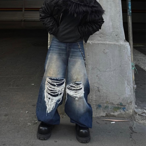 NIGO Vetements Men's Spring And Summer High-waisted Wide-leg Destruction Jeans Trend Retro Wide-leg Straight Pants Ngvp #nigo1714