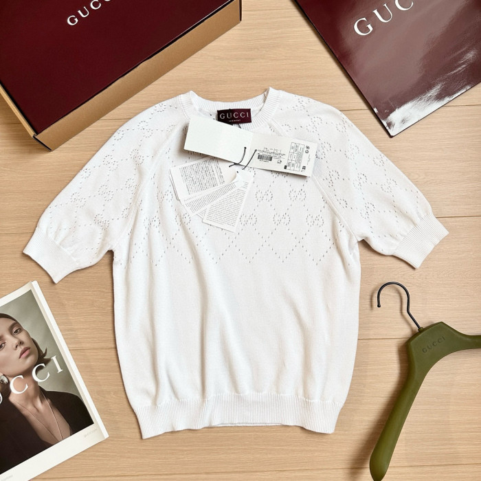 NIGO Gucci Women's Summer Solid Color Jacquard Round Neck Short Sleeve Knitted Sweater T-shirt #nigo77163