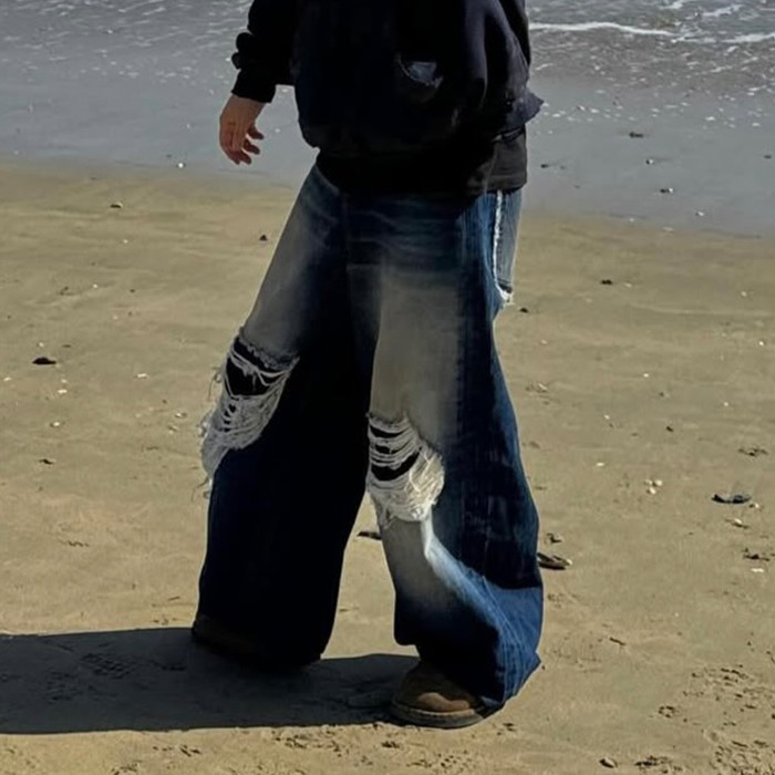 NIGO Vetements Men's Spring And Summer High-waisted Wide-leg Destruction Jeans Trend Retro Wide-leg Straight Pants Ngvp #nigo1714