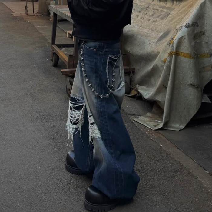 NIGO Vetements Men's Spring And Summer High-waisted Wide-leg Destruction Jeans Trend Retro Wide-leg Straight Pants Ngvp #nigo1714