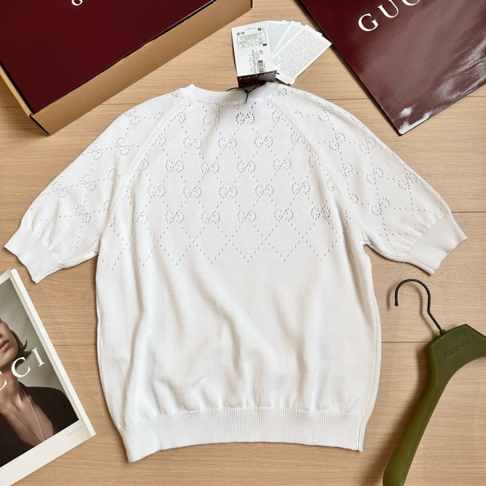 NIGO Gucci Women's Summer Solid Color Jacquard Round Neck Short Sleeve Knitted Sweater T-shirt #nigo77163