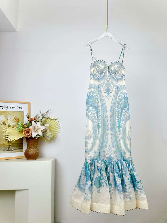 NIGO Zimmermann Women's Summer Floral Patterned Sleeveless Strapless Linen Fabric Slim-fit Dress #nigo77181