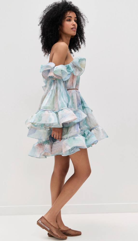 NIGO Zimmermann Women's Summer Blue Printed Silk Ruffle Strapless Mini Silk Dress #nigo77178