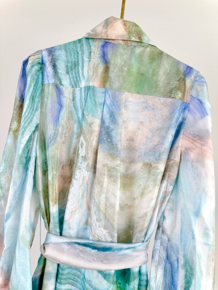 NIGO Zimmermann Women's Summer Blue Agate Print Single-Breasted Waist-cinched Long-sleeved Silk Dress #nigo77179