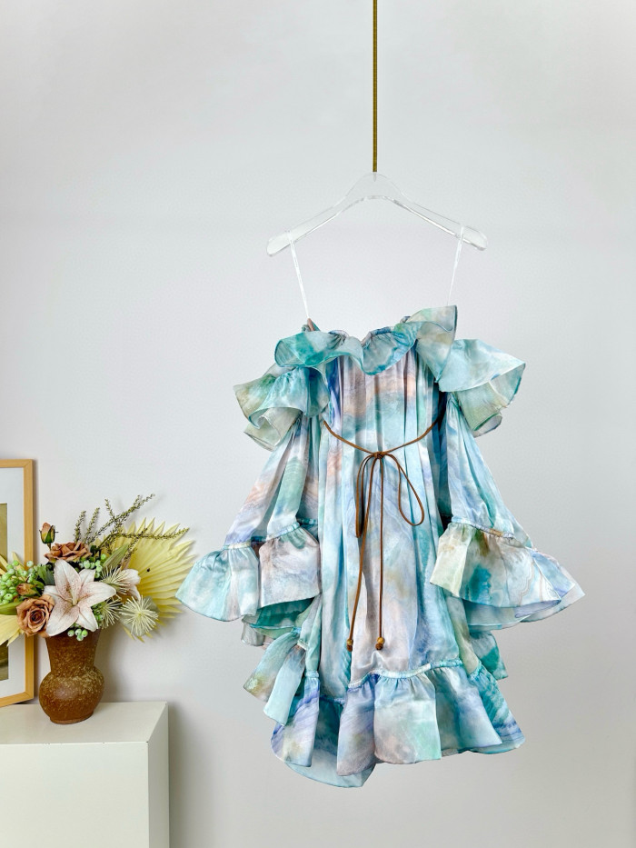 NIGO Zimmermann Women's Summer Blue Printed Silk Ruffle Strapless Mini Silk Dress #nigo77178