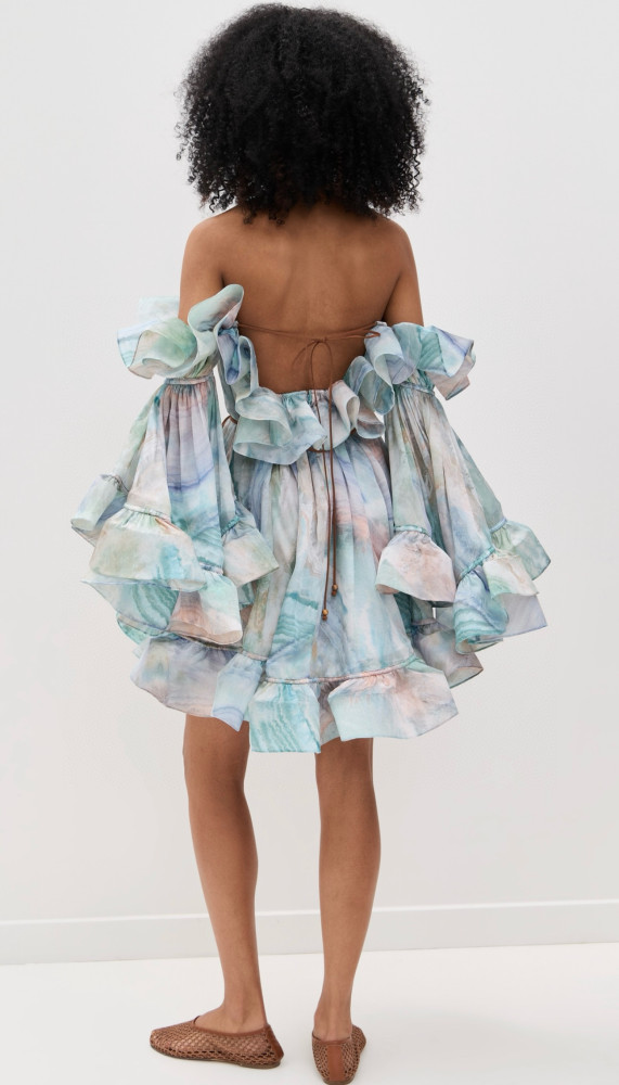NIGO Zimmermann Women's Summer Blue Printed Silk Ruffle Strapless Mini Silk Dress #nigo77178