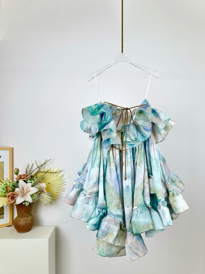 NIGO Zimmermann Women's Summer Blue Printed Silk Ruffle Strapless Mini Silk Dress #nigo77178