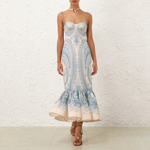 NIGO Zimmermann Women's Summer Floral Patterned Sleeveless Strapless Linen Fabric Slim-fit Dress #nigo77181