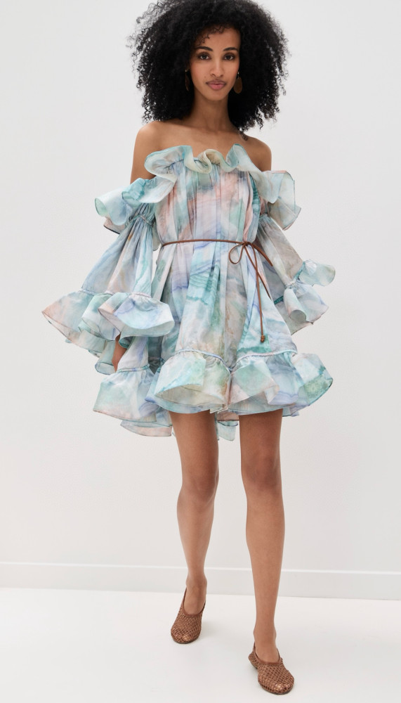 NIGO Zimmermann Women's Summer Blue Printed Silk Ruffle Strapless Mini Silk Dress #nigo77178