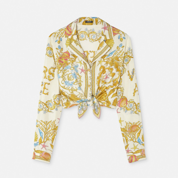 NIGO Versace Women's Summer Starfish Shell Pattern Printed V-neck Single Button Long Sleeved Silk Shirt And Casual Shorts Set Suit #nigo77193