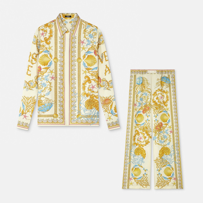 NIGO Versace Women's Summer Starfish Shell Pattern Printed Single Breasted Long Sleeved Silk Shirt And Casual Pants Set Suit #nigo77192
