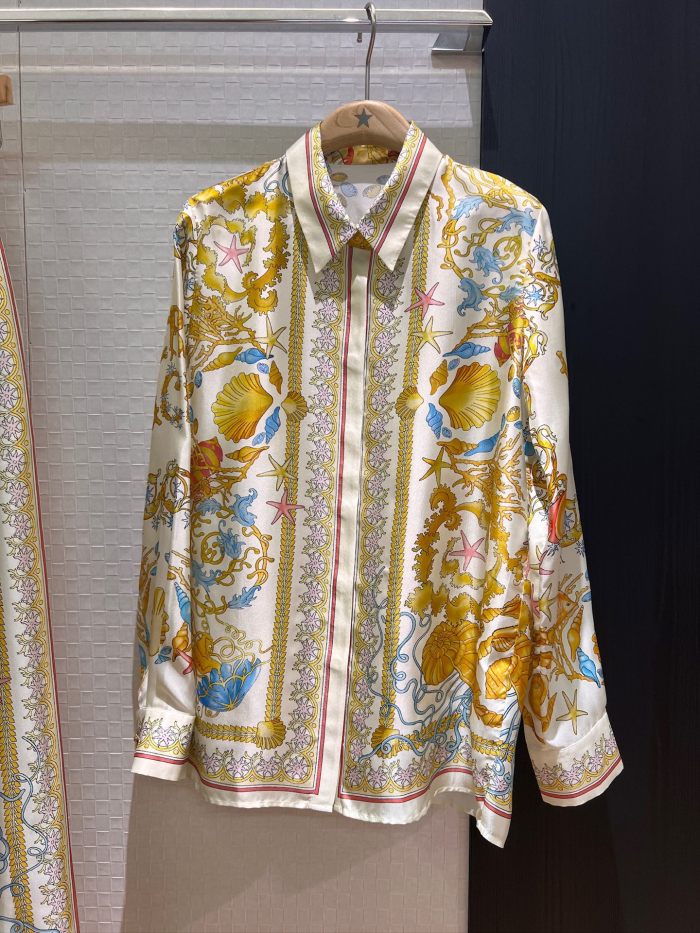 NIGO Versace Women's Summer Starfish Shell Pattern Printed Single Breasted Long Sleeved Silk Shirt And Casual Pants Set Suit #nigo77192
