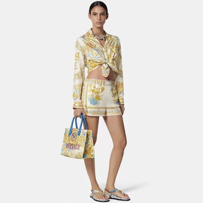 NIGO Versace Women's Summer Starfish Shell Pattern Printed V-neck Single Button Long Sleeved Silk Shirt And Casual Shorts Set Suit #nigo77193