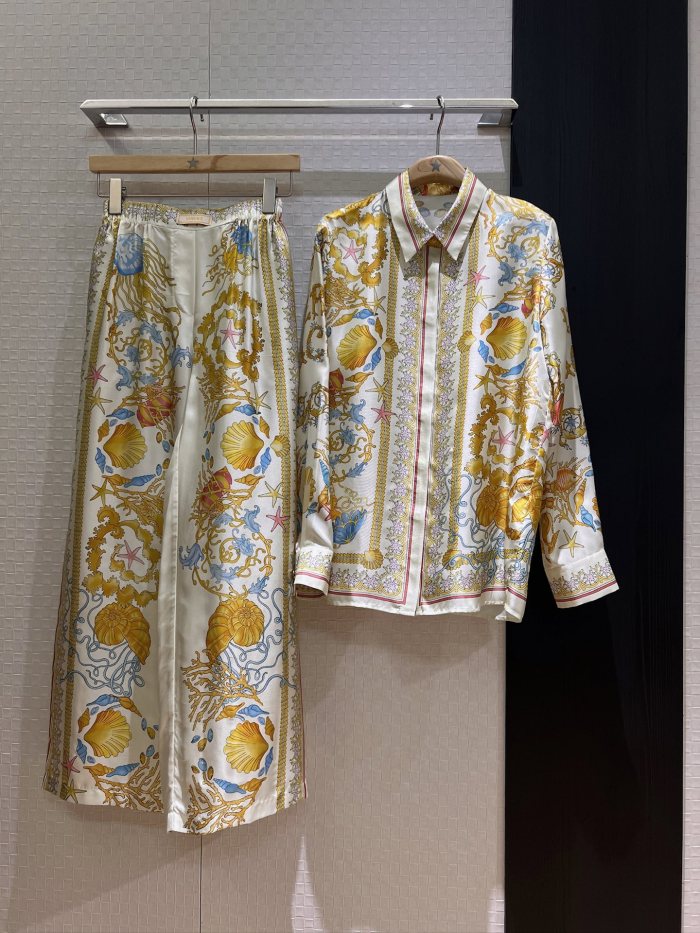 NIGO Versace Women's Summer Starfish Shell Pattern Printed Single Breasted Long Sleeved Silk Shirt And Casual Pants Set Suit #nigo77192