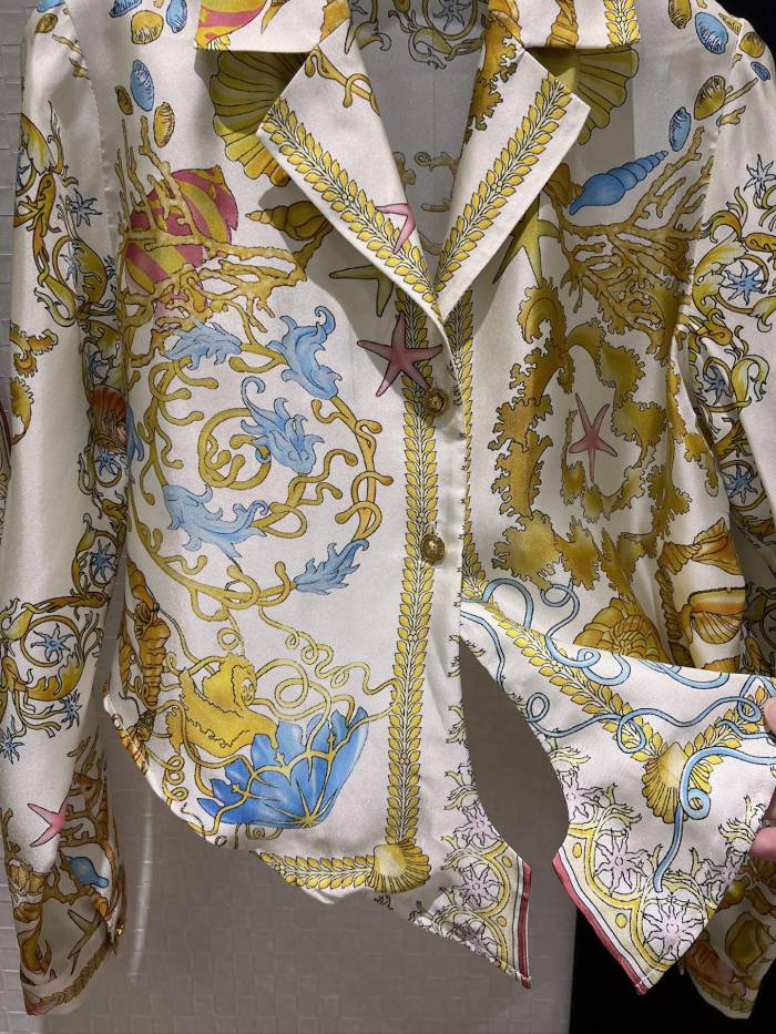 NIGO Versace Women's Summer Starfish Shell Pattern Printed V-neck Single Button Long Sleeved Silk Shirt And Casual Shorts Set Suit #nigo77193