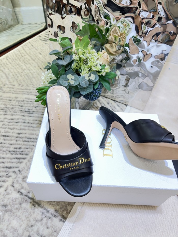 NIGO My Dior Heeled Slide Women's Summer Gold Letter Print Solid Color Leather 10cm High Heel Sandals Shoes #nigo77216