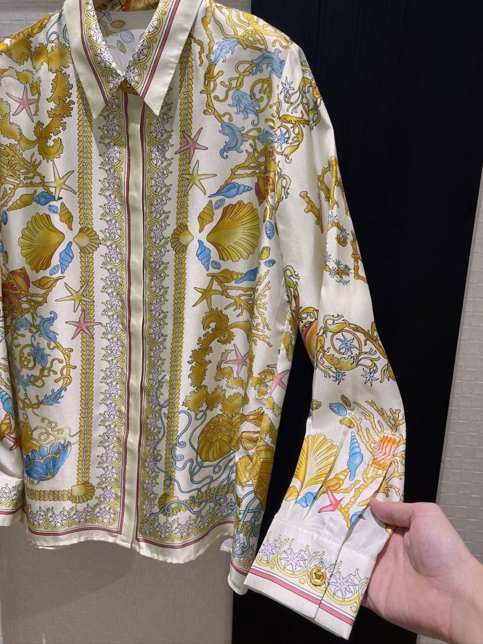NIGO Versace Women's Summer Starfish Shell Pattern Printed Single Breasted Long Sleeved Silk Shirt And Casual Pants Set Suit #nigo77192