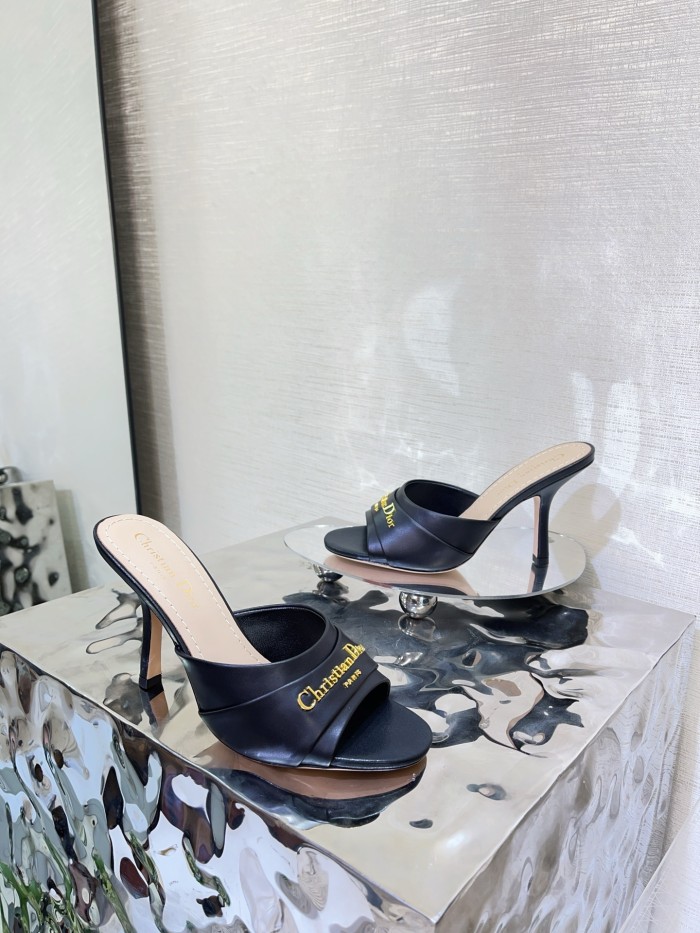 NIGO My Dior Heeled Slide Women's Summer Gold Letter Print Solid Color Leather 10cm High Heel Sandals Shoes #nigo77216