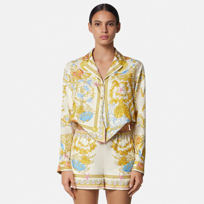NIGO Versace Women's Summer Starfish Shell Pattern Printed V-neck Single Button Long Sleeved Silk Shirt And Casual Shorts Set Suit #nigo77193