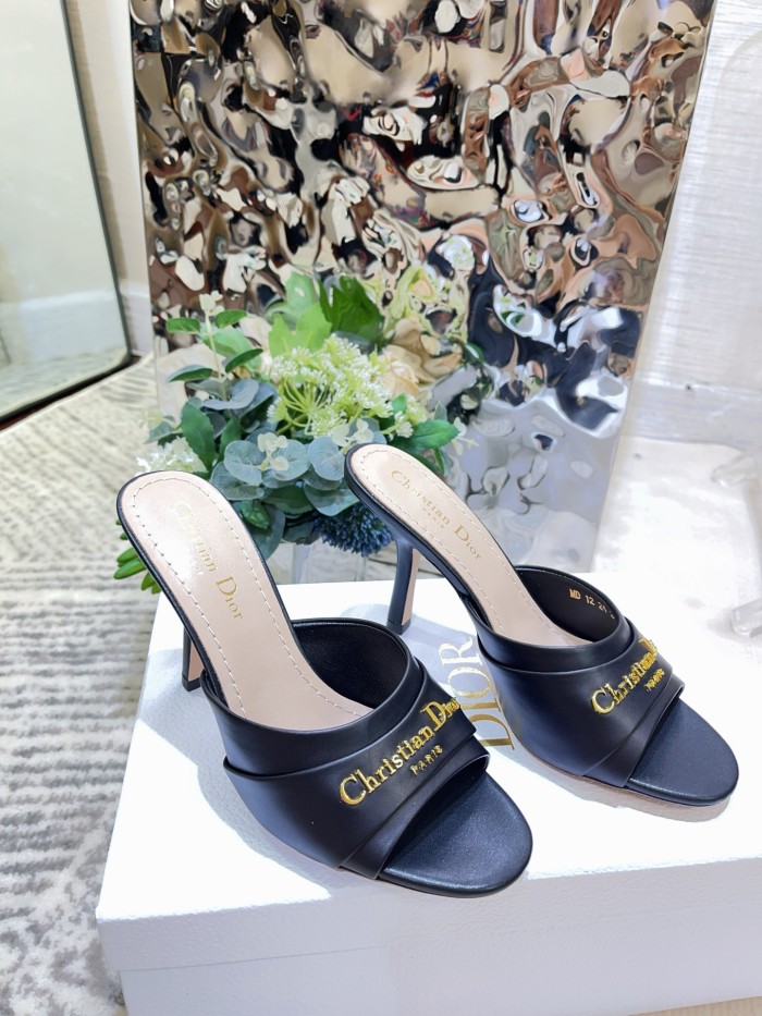 NIGO My Dior Heeled Slide Women's Summer Gold Letter Print Solid Color Leather 10cm High Heel Sandals Shoes #nigo77216