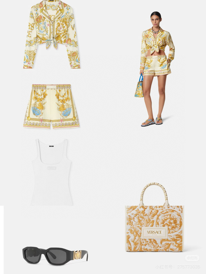 NIGO Versace Women's Summer Starfish Shell Pattern Printed V-neck Single Button Long Sleeved Silk Shirt And Casual Shorts Set Suit #nigo77193