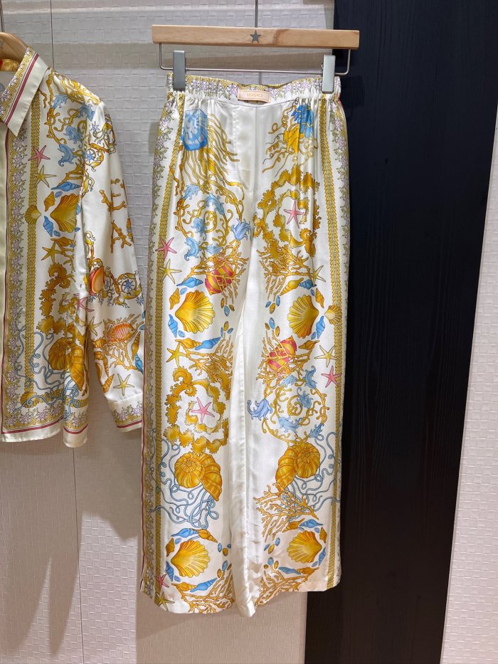 NIGO Versace Women's Summer Starfish Shell Pattern Printed Single Breasted Long Sleeved Silk Shirt And Casual Pants Set Suit #nigo77192