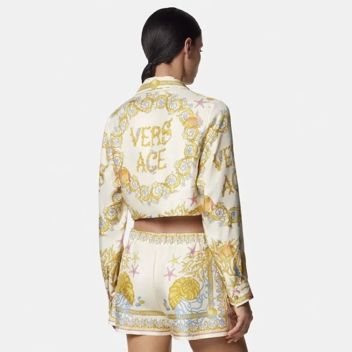 NIGO Versace Women's Summer Starfish Shell Pattern Printed V-neck Single Button Long Sleeved Silk Shirt And Casual Shorts Set Suit #nigo77193