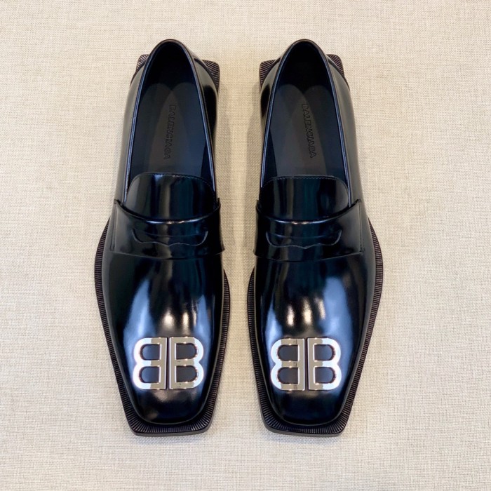 NIGO Balenciaga Men's Solid Colour Square Toe Metal BB Logo Cowhide Leather Shoes #nigo77218