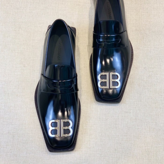 NIGO Balenciaga Men's Solid Colour Square Toe Metal BB Logo Cowhide Leather Shoes #nigo77218