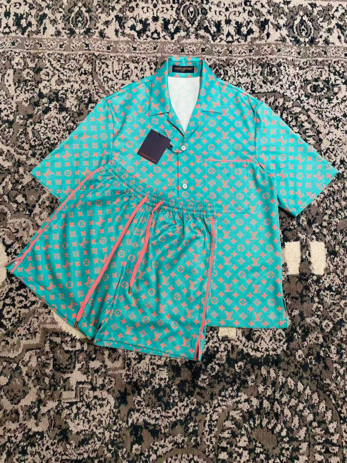 NIGO Louis Vuitton Men's Summer Solid Color Letter Print V-Neck Single Button Short Sleeve Shirt and Casual Drawstring Shorts Set Suit #nigo77244
