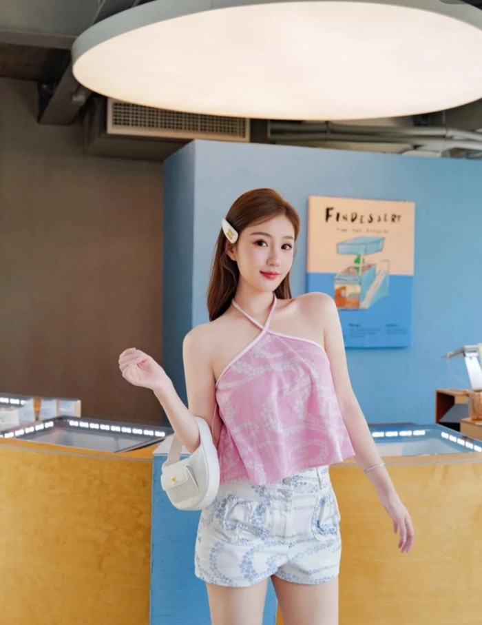NIGO Chanel Women's Summer Solid Color Printed Cotton Halter Neck Top #nigo77254