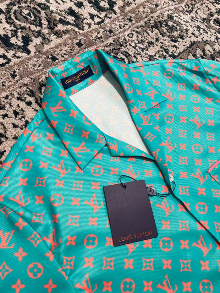 NIGO Louis Vuitton Men's Summer Solid Color Letter Print V-Neck Single Button Short Sleeve Shirt and Casual Drawstring Shorts Set Suit #nigo77244