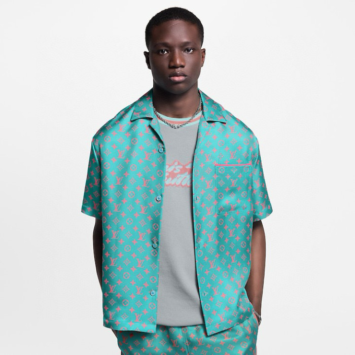 NIGO Louis Vuitton Men's Summer Solid Color Letter Print V-Neck Single Button Short Sleeve Shirt and Casual Drawstring Shorts Set Suit #nigo77244
