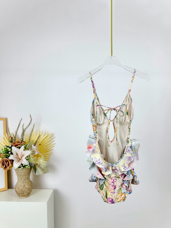 NIGO Zimmermann Women's Summer Deep V-neck Floral Pattern Printed Strapless One-piece Swimsuit #nigo77288