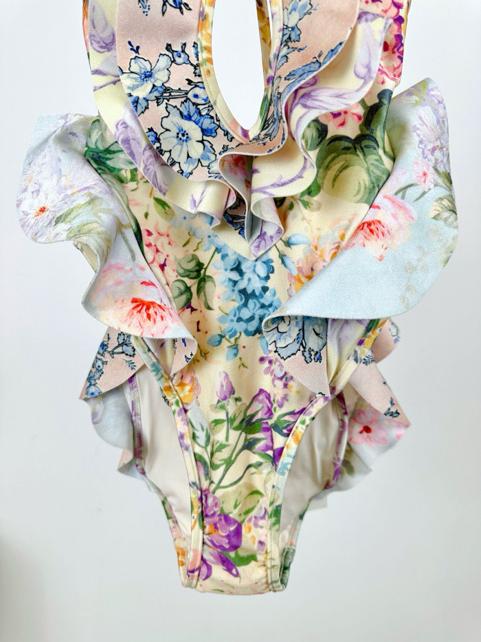 NIGO Zimmermann Women's Summer Deep V-neck Floral Pattern Printed Strapless One-piece Swimsuit #nigo77288