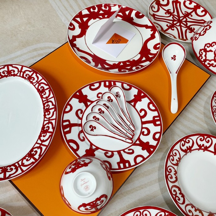 NIGO Hermes China Red Series Ceramic Dinner Plate, Bowl, Spoon, Teacup, 6-Person Set Accessories #nigo77263