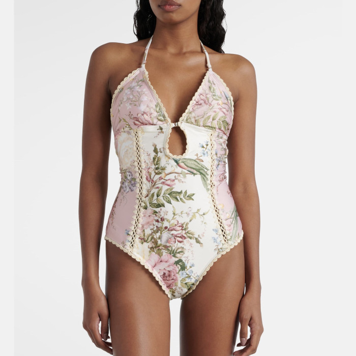 NIGO Zimmermann Women's Summer Deep V-neck Floral Pattern Printed Strapless One-piece Swimsuit #nigo77289