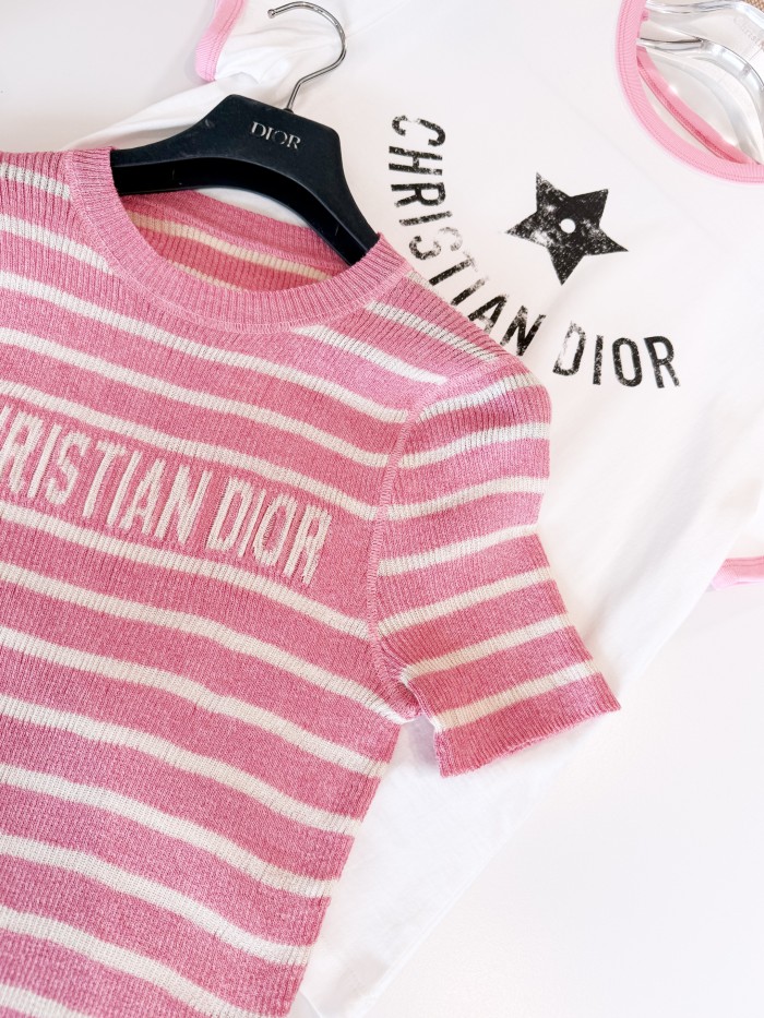 NIGO Dior Women's Dioriviera Spring & Autumn Colorblocked Stripe Silk Linen Blend Short Sleeve Knit Stretch Sweater #nigo81294