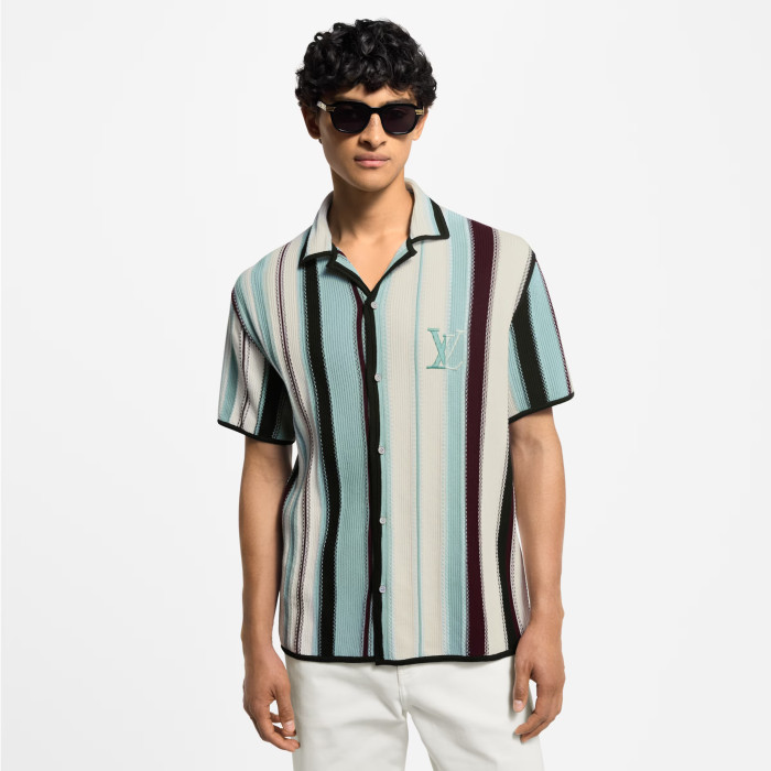 NIGO Louis Vuitton Men's Summer Embroidered Logo Stripe Crochet Single Breasted Short Sleeve Shirt Casual Lace Up Shorts Suit Set #nigo81258
