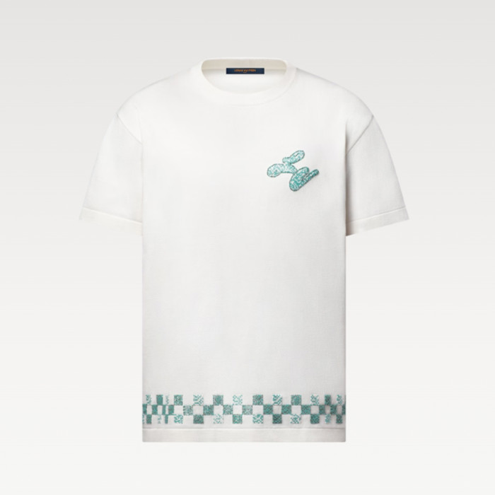 NIGO Louis Vuitton Men's Summer Hem Checkered Hot Drill Embroidery Fitted Cotton Short Sleeve Round Neck T-Shirt #nigo81299